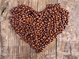Heart Shape Made of Coffee Beans on Wooden Table for Love and Coffee Concept