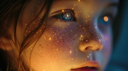 Close up of young girl's face with glowing stars in the dark beauty and magic illumination concept in night portrait
