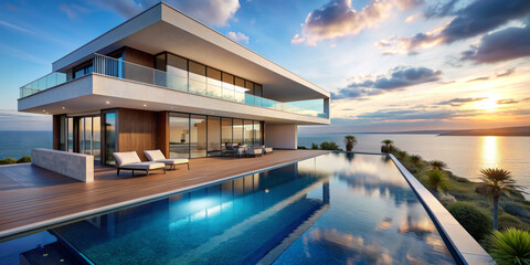 Obraz premium A large house with a pool and a view of the ocean