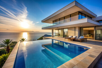 Fototapeta premium A large house with a pool and a view of the ocean