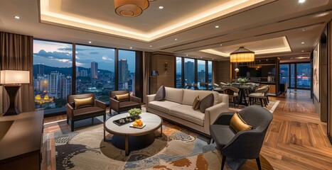 A panoramic view of a luxury penthouse suite, showcasing its spacious layout and city views