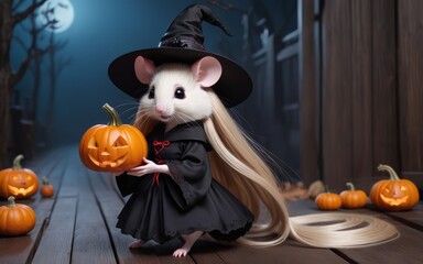 Mouse in wooden planks dark horror background for halloween