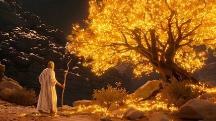 Wise Elder by Glowing Golden Tree in Rocky Desert at Night
