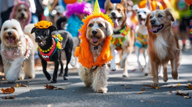 A parade of dogs in adorable Halloween costumes, walking down the street during a pet parade.