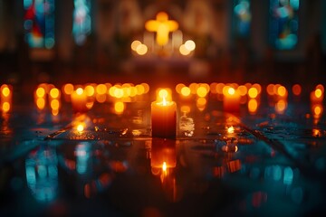 Warm candlelight illuminating a serene church setting, capturing a spiritual and peaceful ambiance.