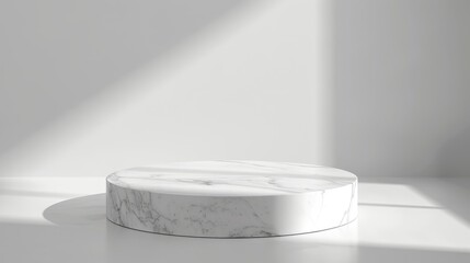 White marble podium for product presentation on white background Mock up pedestal for beauty products