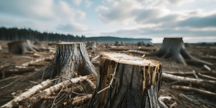 Image of deforestation aftermath with tree stumps and debris under cloudy sky. Concept Deforestation, Environmental Destruction, Tree Stumps, Cloudy Sky, Environmental Impact