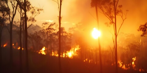 Naklejka premium Climate change exacerbates bushfire crisis posing significant environmental and societal threats. Concept Climate Change, Bushfire Crisis, Environmental Threats, Societal Impact