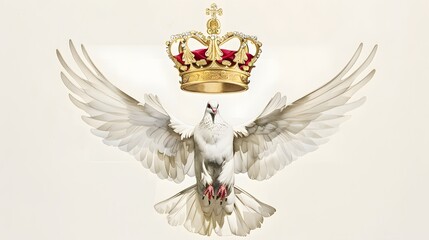 Naklejka premium Elegant white dove in flight beneath a golden crown, symbolizing peace and royalty.