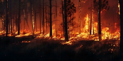 Trees in a forest are engulfed in flames during a wildfire. Concept Environmental crisis, Forest devastation, Wildfire impact
