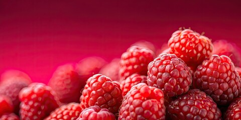Ripe raspberries on a vibrant red background, Raspberries, red background, fresh fruit, juicy, vibrant, organic, healthy, farm