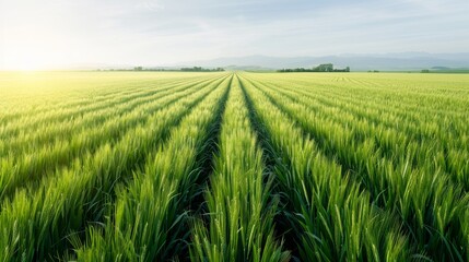 Lush green agricultural field with evenly spaced rows of crops under a clear sky, showcasing the beauty of farm life and sustainable farming.