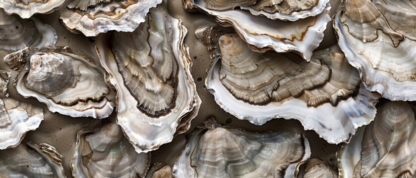 Panoramic close-up, high detail scan of oyster shell texture, Generative AI