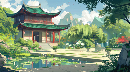 Obraz premium Pavilions in mountainous areas, Chinese painting