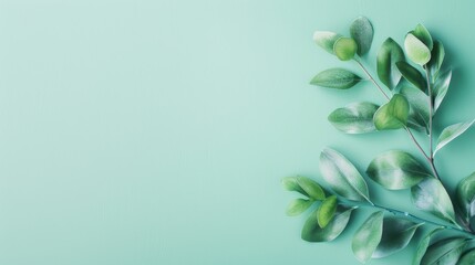Obraz premium Minimalistic green foliage on a pastel background, perfect for nature-themed designs, backgrounds, and nature wallpapers.