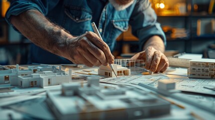 Drawing sketches, plans, and blueprints for architectural construction models in an architect's studio