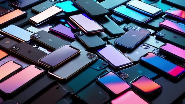 A pile of many mobile phones on a table. The background features various types and models of smartphones.