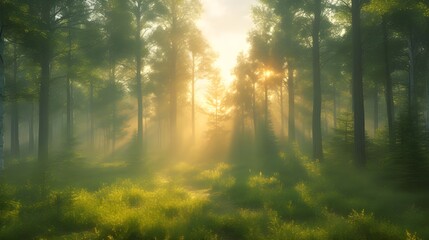 Fototapeta premium Misty Morning Sunlight in a Forest.