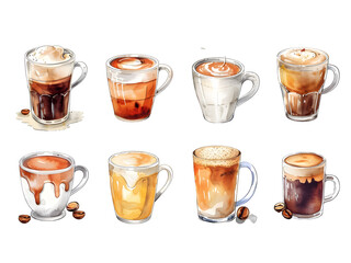 Four cups of coffee with different levels of foam