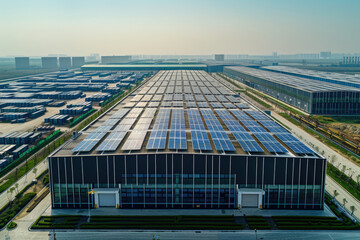 Obraz premium The roofs of factories on the outskirts of the city are equipped with solar power generation equipment