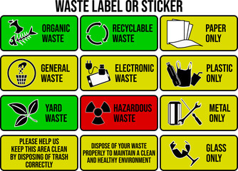Waste labels or stickers set based on the type of waste