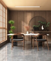 Oriental, luxury wood panelling wall dining room with white marble top dining table and wooden...