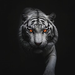 Obraz premium Generative AI, The Ghostly Predator: A Majestic White Tiger Emerges from the Darkness, Its Piercing Amber Eyes Illuminating the Night and Epitomizing the Silent Power, Grace, and Enigmatic Majesty of 