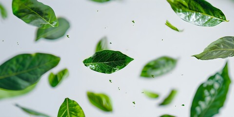 Green leaves floating and flying on isolated background. Concept Nature, Greenery, Leaves, Floating, Background