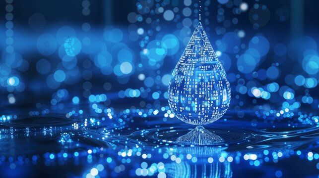 digital blue water drop icon with binary code, artificial intelligence in water resource management, hydrology modeling, environmental monitoring, analysis for sustainable conservation efforts