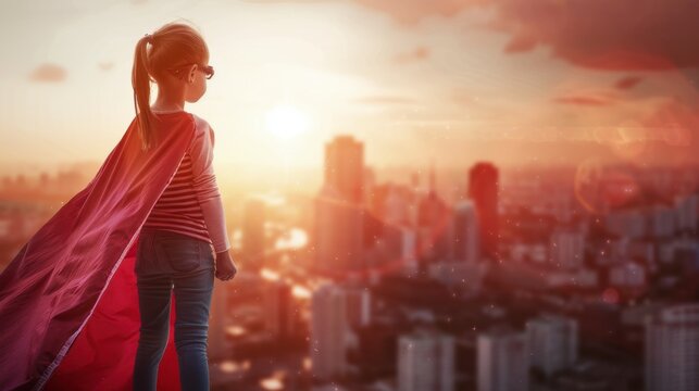 A young girl in a red cape stands on a rooftop overlooking a cityscape at sunset