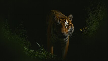 Obraz premium Generative AI, Silent Majesty: The Enigmatic Tiger's Stealthy Journey Through the Dark Jungle Night