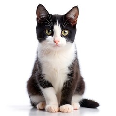 Cute Black and White Kitten Sitting on White Background.