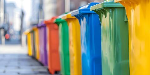 Vibrant recycling bins in city streets for waste disposal and management. Concept Recycling Bins, City Streets, Waste Management, Environmental Sustainability