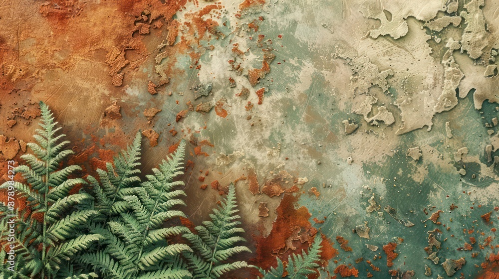 Poster abstract background, a captivating blend of muted rust and soft fern green with organic forms and ri