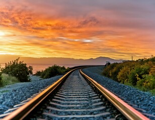 Obraz premium Railway tracks at sunset with beautiful clouds and mountains in the background