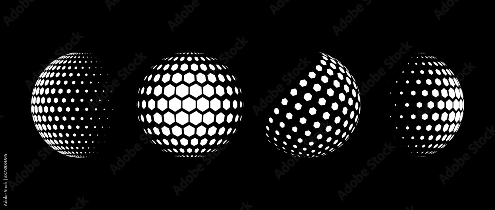 Poster White halftone pattern sphere collection. Hexagon wireframe 3d circle set. Grid globe element bundle. Round dotted shape pack for tech poster, banner, cover, emblem, leaflet. Vector illustration