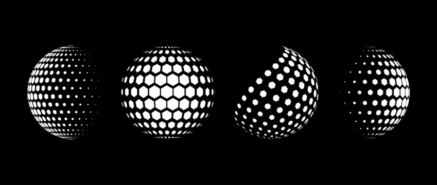 White halftone pattern sphere collection. Hexagon wireframe 3d circle set. Grid globe element bundle. Round dotted shape pack for tech poster, banner, cover, emblem, leaflet. Vector illustration