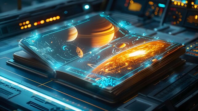 Fototapeta Glowing Futuristic Tome Projecting Holographic Planetary Models in Minimalist Sci-Fi Space Station