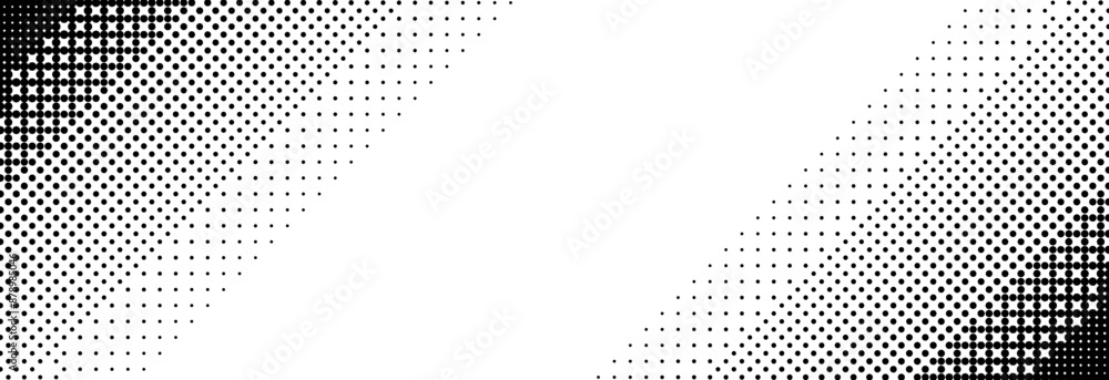 Poster Pixelated bitmap slanted gradient texture. Oblique dither pattern background. 8 bit video game screen wallpaper. Retro glitchy pixel art illustration. Abstract vector wide dithering diagonal border