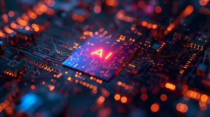 AI Chip - glowing red AI symbol on a circuit board.