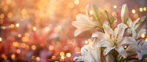 Fototapeta premium Pure White Lily Blossoms Thriving in a Magical Spring Garden with Fairy Lights