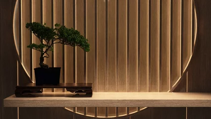 Fototapete Hotel Chic Close up of luxury oriental dark brown wood panelling wall with display shelf, bonsai tree in sunlight for elegant living room interior design decoration, product background 3D  © Sue Tansirimas