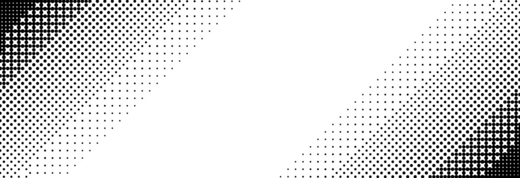 Pixelated bitmap slanted gradient texture. Oblique dither pattern background. 8 bit video game screen wallpaper. Retro glitchy pixel art illustration. Abstract vector wide dithering diagonal border