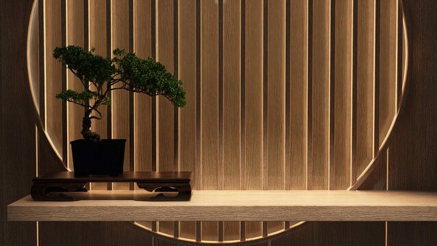 Close up of luxury oriental dark brown wood panelling wall with display shelf, bonsai tree in sunlight for elegant living room interior design decoration, product background 3D