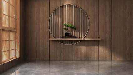 Luxury oriental dark brown wood panelling wall with display shelf, bonsai tree in sunlight from...
