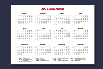 Calendar 2025 design illustration landscape orientation. International Calendar for year 2025 with several holidays date