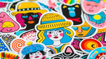 Obraz premium Personalized sticker sheet with various designs, custom branding for marketing campaigns, vibrant print colors, high-quality resolution