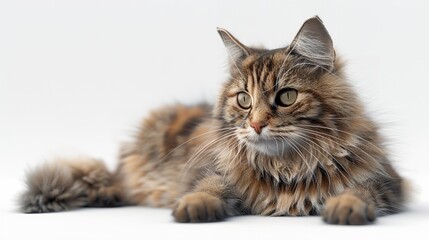 Obraz premium A fluffy Norwegian Forest cat standing proudly against a pure white background. Generative AI