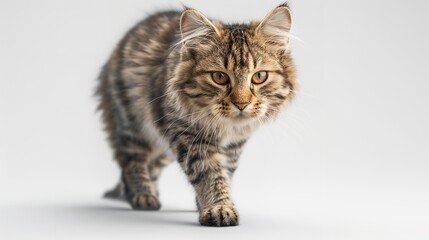 Obraz premium A fluffy Norwegian Forest cat standing proudly against a pure white background. Generative AI