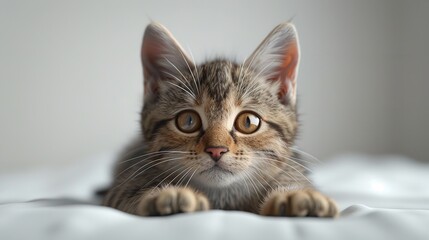Young domestic tricolor cat lying and looking at camera